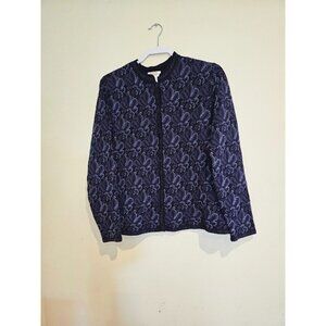 Women's Talbots Cardigan Sweater Blue Long Sleeve Floral Embroidered Size Medium